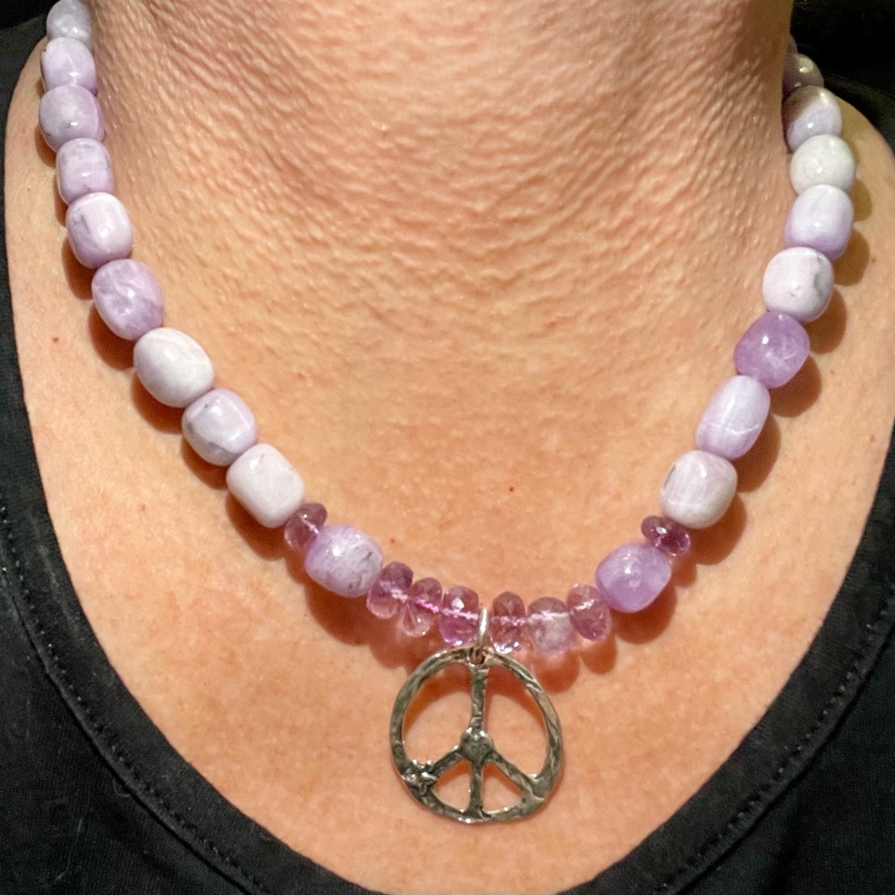 Lavender Beaded Necklace with Peace Pendant